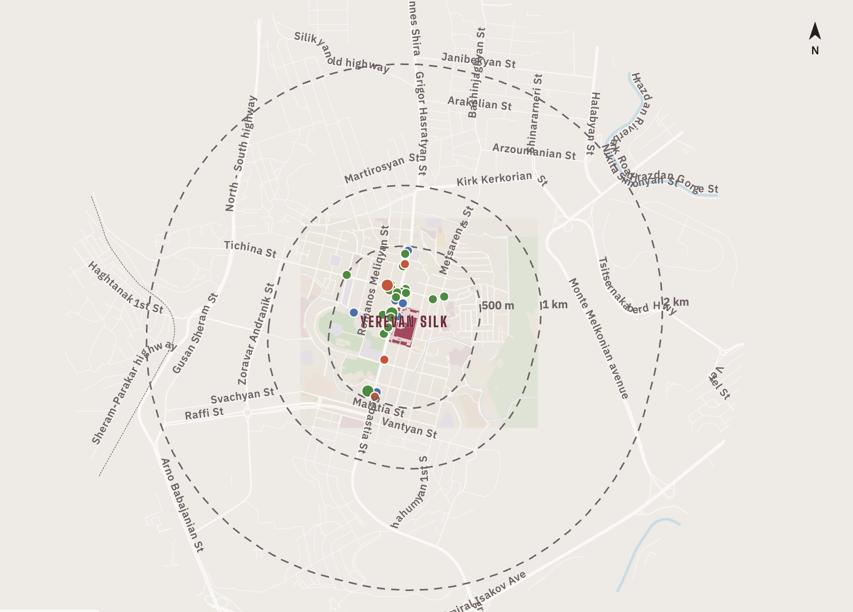 Places within 2.5 km of the site