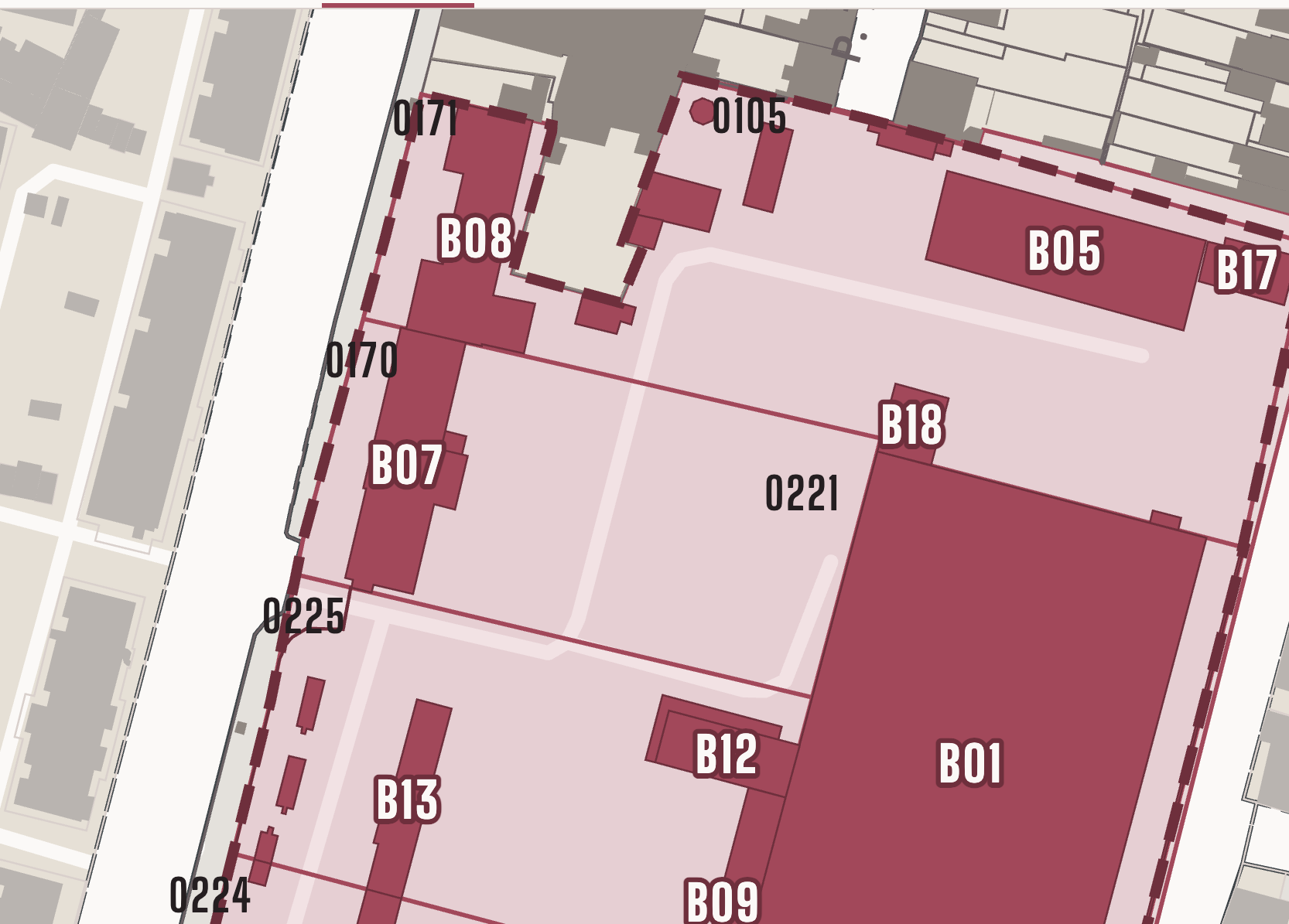 Site plan of the buildings on the factory parcels