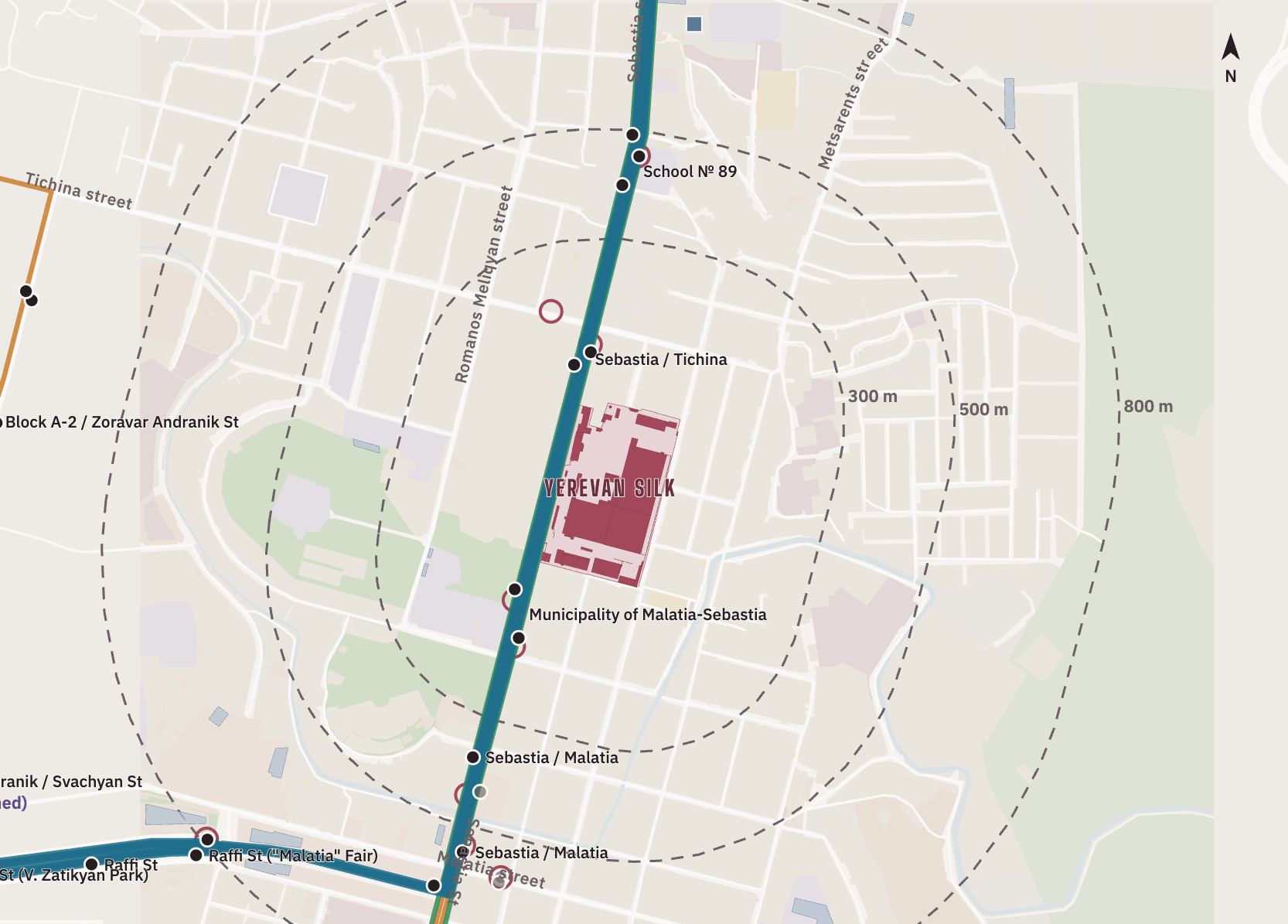 Parking lots, stops and walking rings around the site